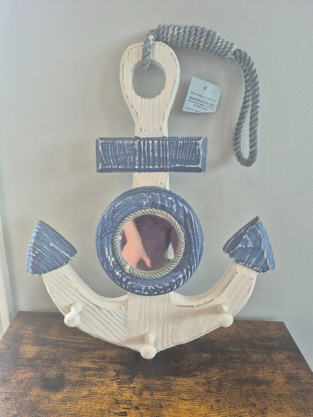 Distressed Wooden Anchor Wall Decor with Mirror and Hooks | Nautical Wall Decor